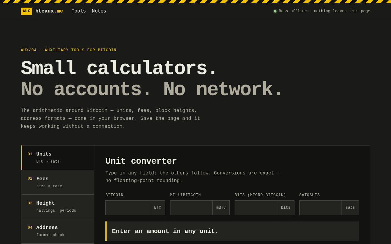 Screenshot of the btcaux.me home page