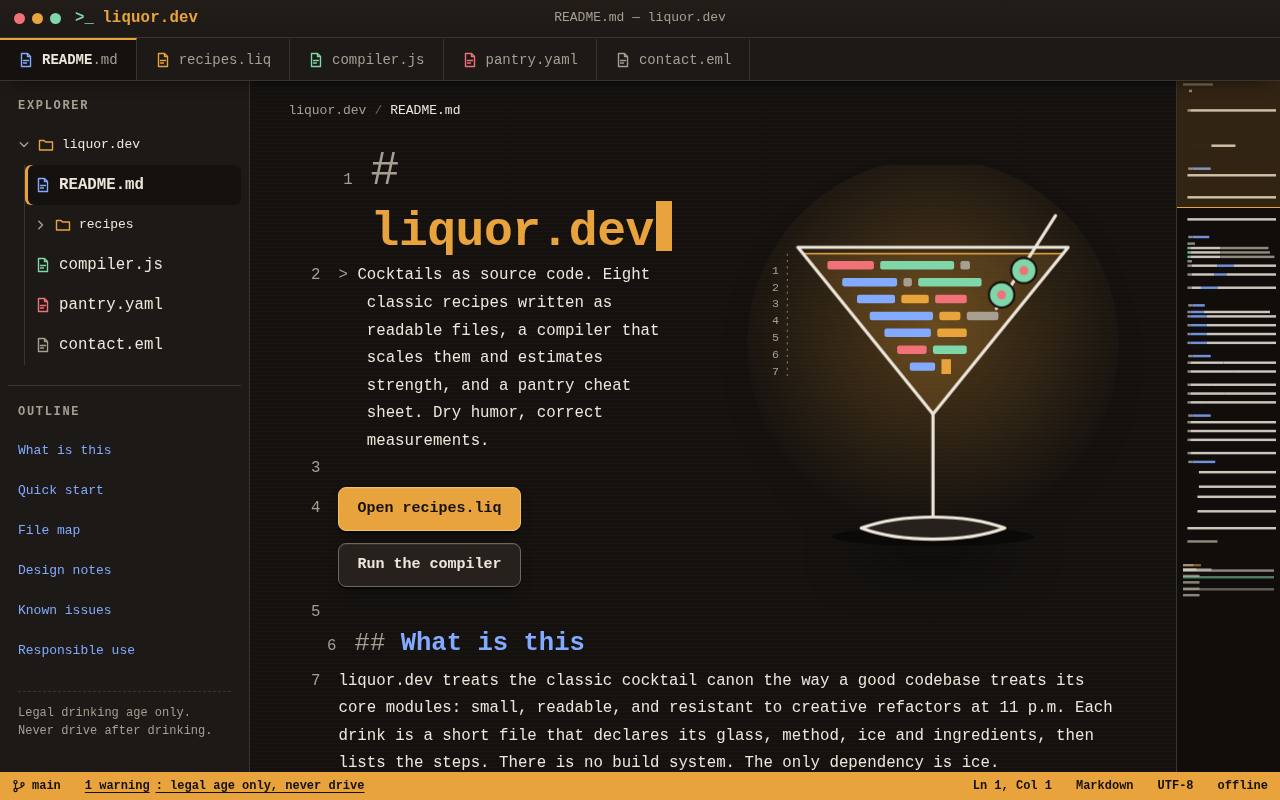 Screenshot of the liquor.dev home page