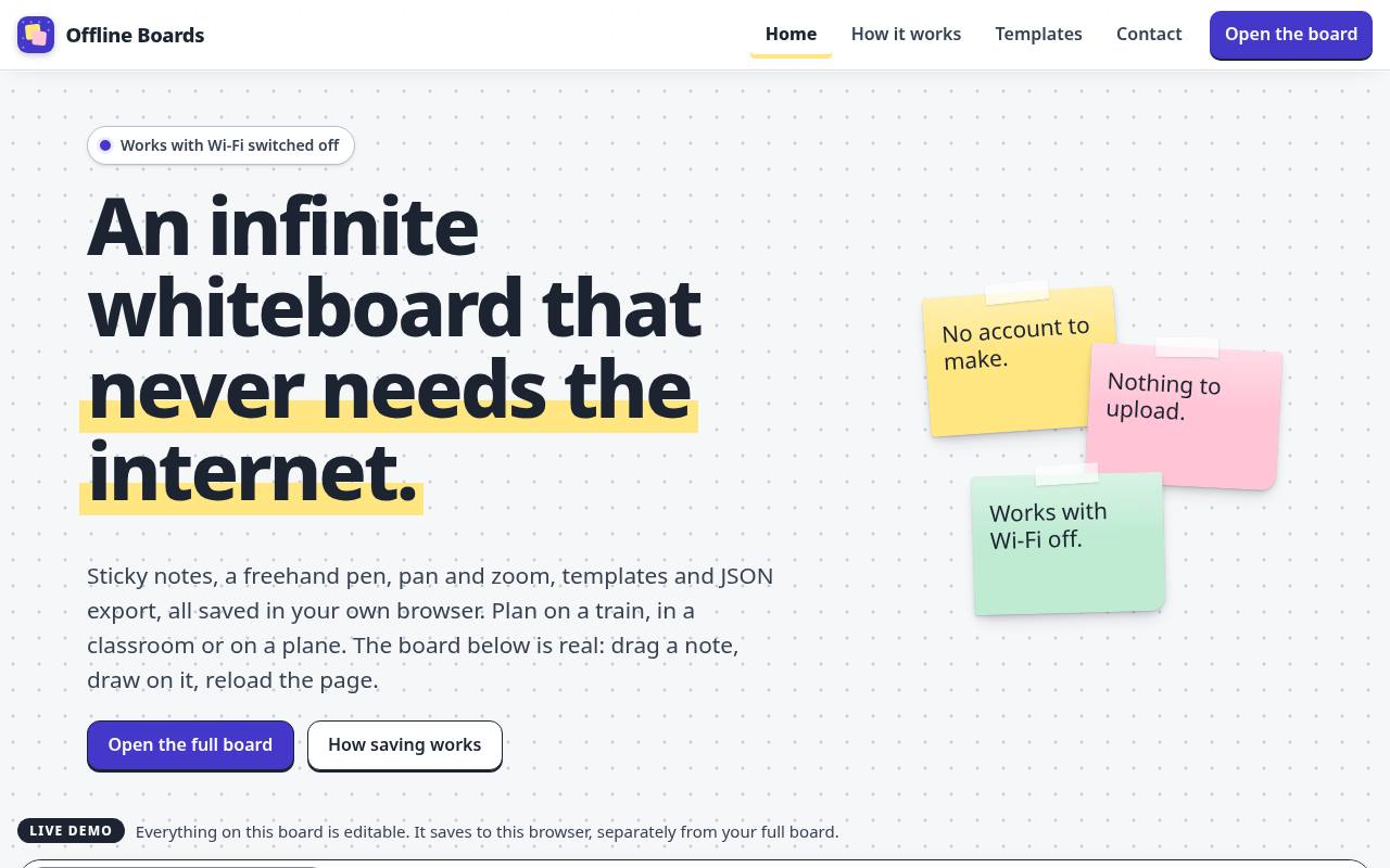 Screenshot of the offlineboards.com home page