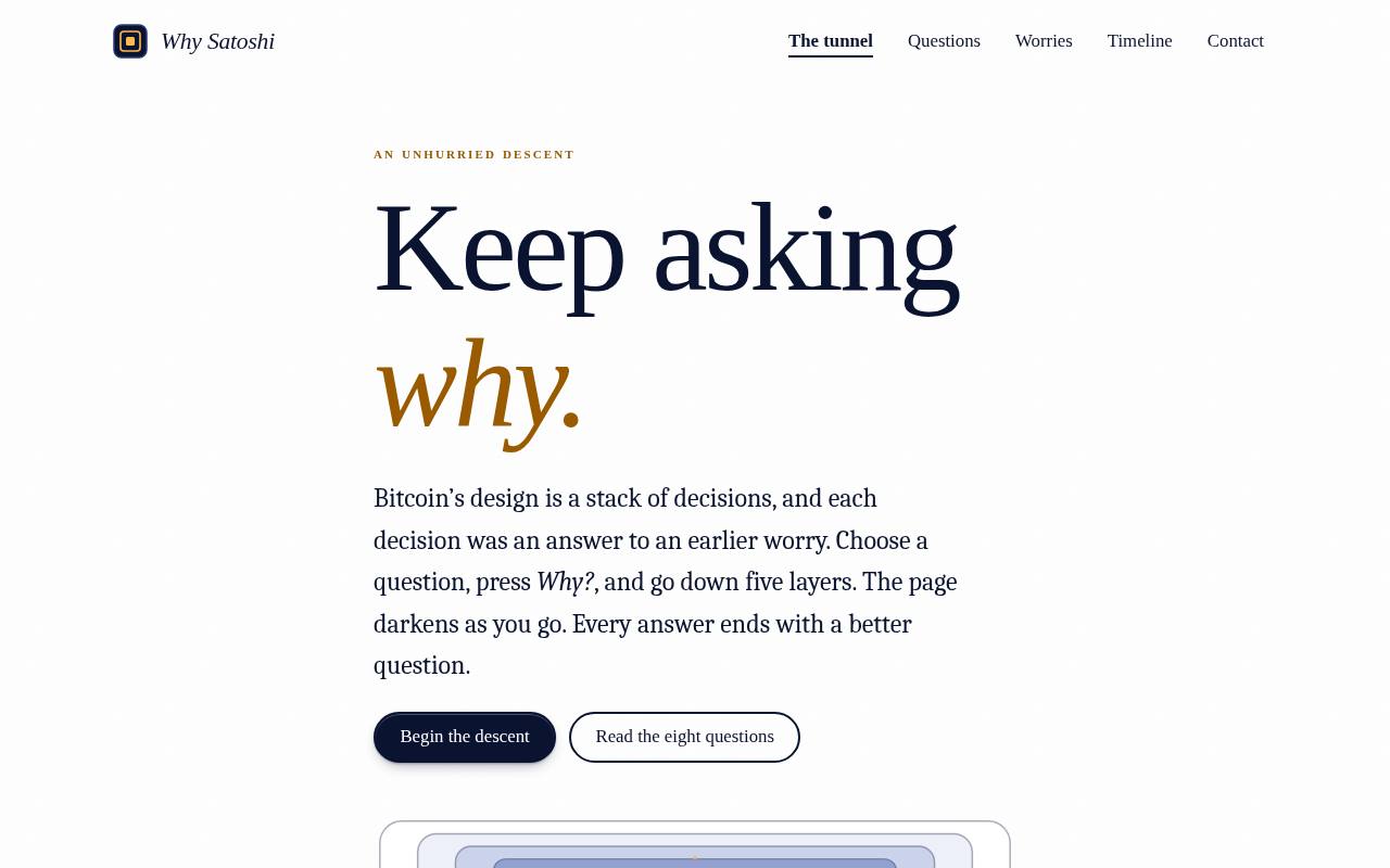 Screenshot of the whysatoshi.org home page